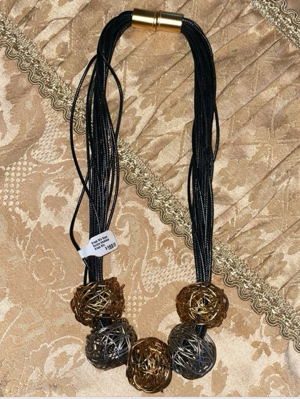 NWT Roche Black Mix Multi-Strand Statement Necklace Gold Silver Wire Balls